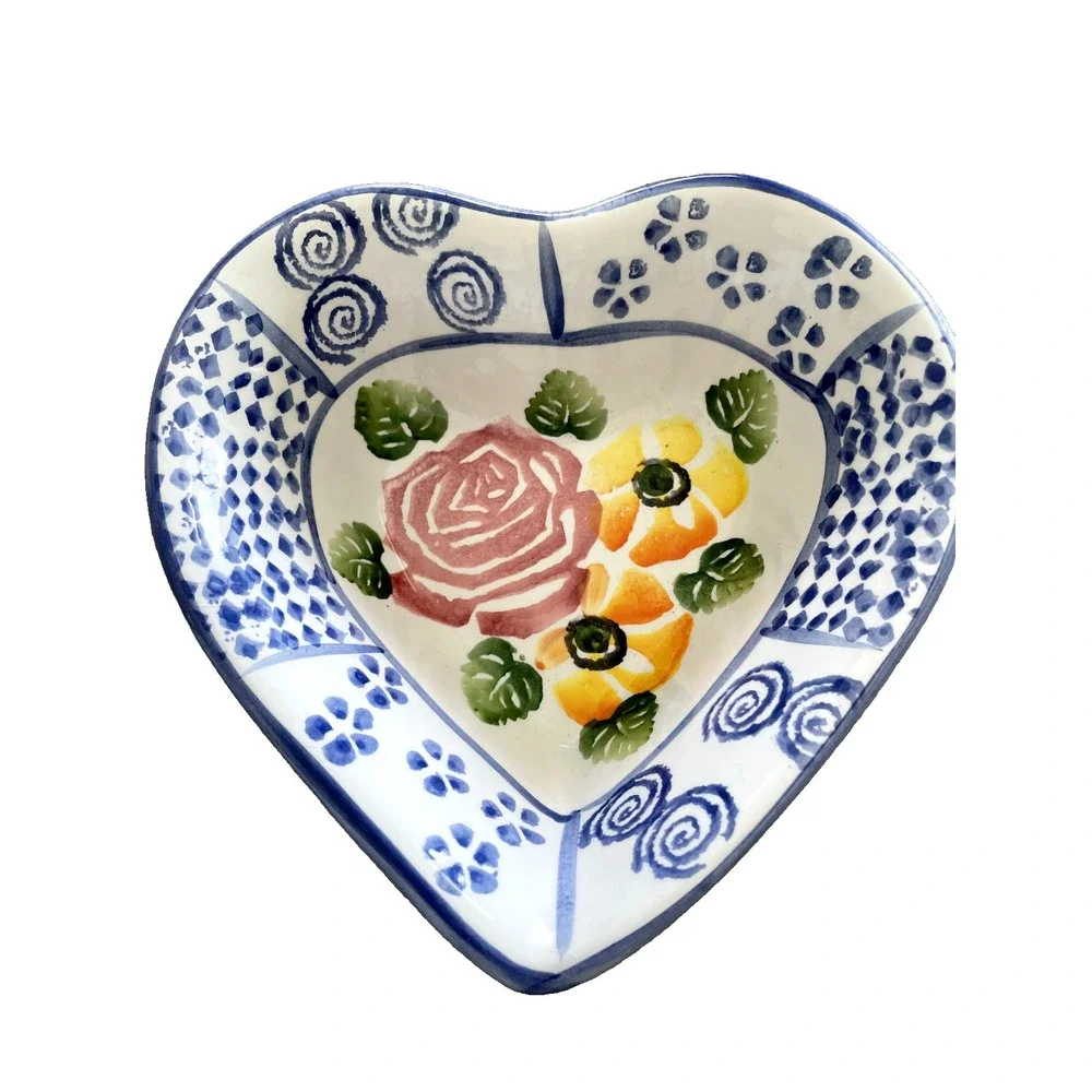 Ancora Italy Hand Painted Ceramic Heart Bowl & Plate Set Floral Rose Folk Art